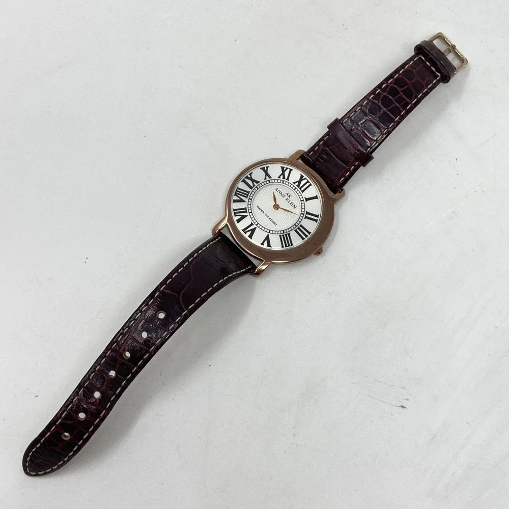 Anne Klein Womens Watch 34mm Rose Gold Tone Asymmetric Leather New Battery 7.75